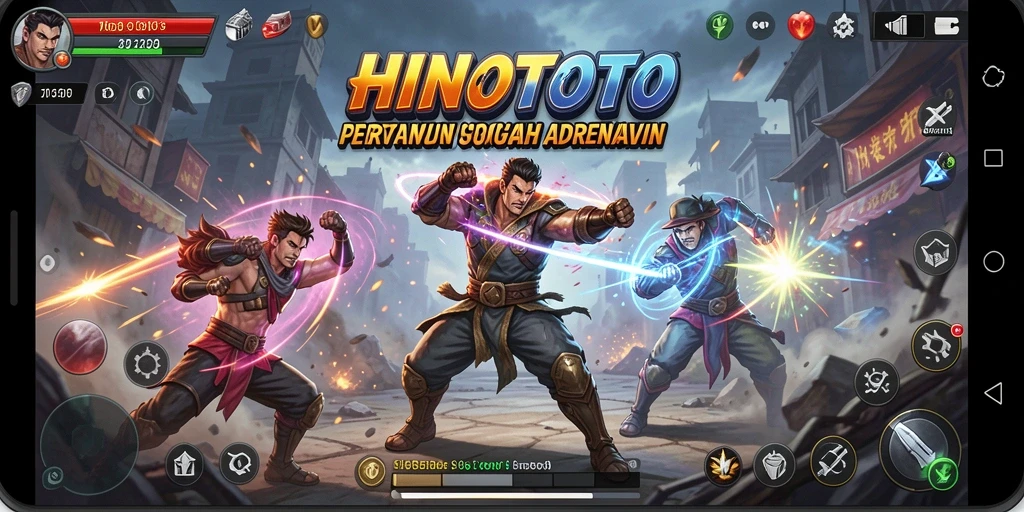 Screenshot utama HINOTOTO menampilkan aksi pertarungan yang seru.