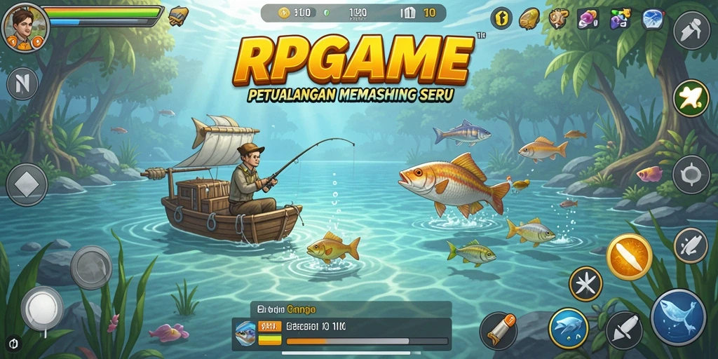 Screenshot menunjukkan pemain menangkap ikan besar di laut.
